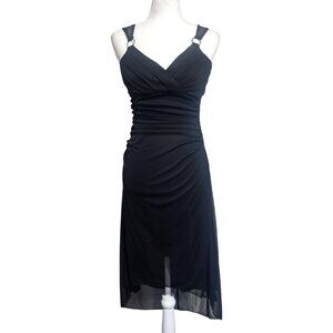 Vintage Trixxi Black Sleeveless Ruched Dress With Rhinestone Ring Strap Detail S